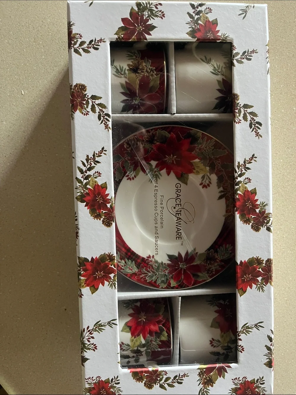 Grace Teaware Poinsettia Porcelain Teacup and Saucer Set - Red